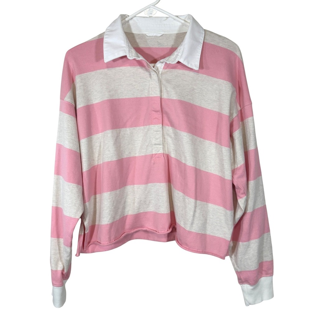 aerie Pink and Cream Striped Long Sleeve Polo Tee